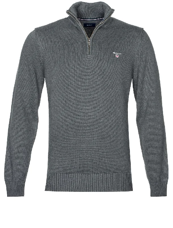 Limited Edition Lässiger Pullover aus Baumwolle mit halbem Reißverschluss Anthrazit Melange