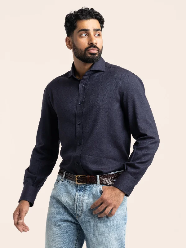 Huge Discounts Navy Cotton-Blend Dress Shirt