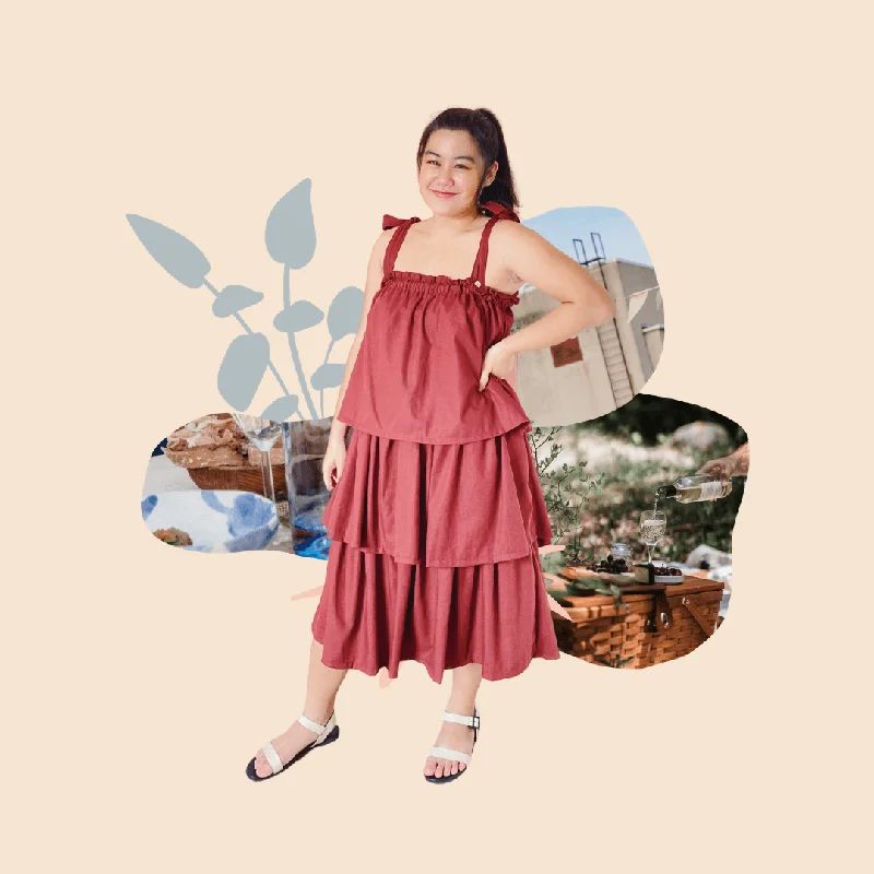 Mega Discount Sayaw 3-Tiered Linen Dress in Maroon