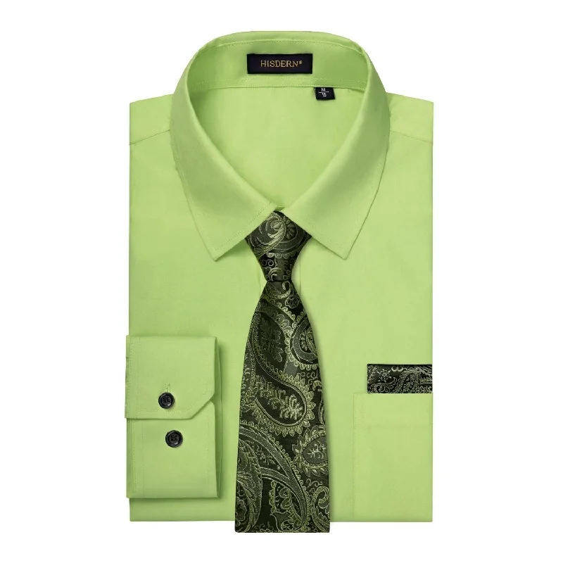 Unbeatable Prices Men's Shirt with Tie Handkerchief Set - LIGHT GREEN/BLACK