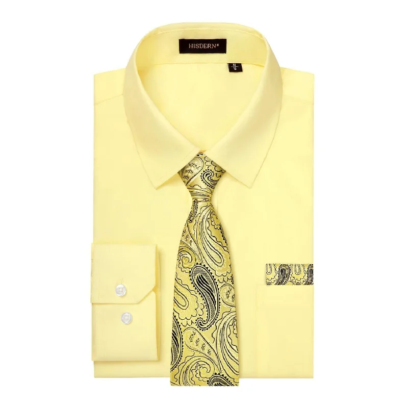 Fantastic Deals Men's Shirt with Tie Handkerchief Set - LIGHT YELLOW/GOLD