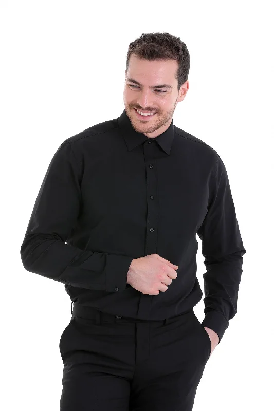 Unmissable Offer Comfort Fit Plain Long Sleeve Cotton Blend Black Dress Shirt