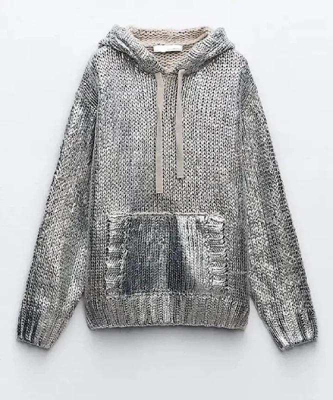 While Supplies Last Metallic Silver Rib Trimmed Hoodie Sweater