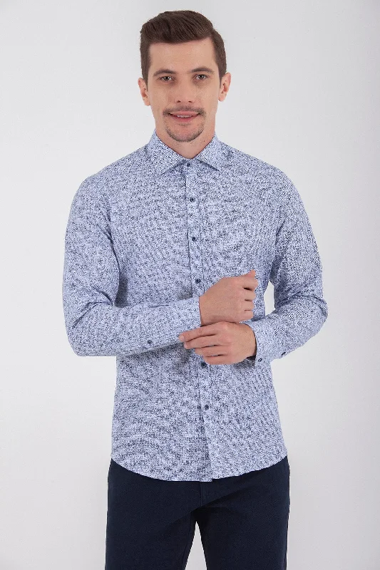 Weekend Specials to Enjoy Slim Fit Long Sleeve Printed Cotton Blend Dress Shirt, Navy B1