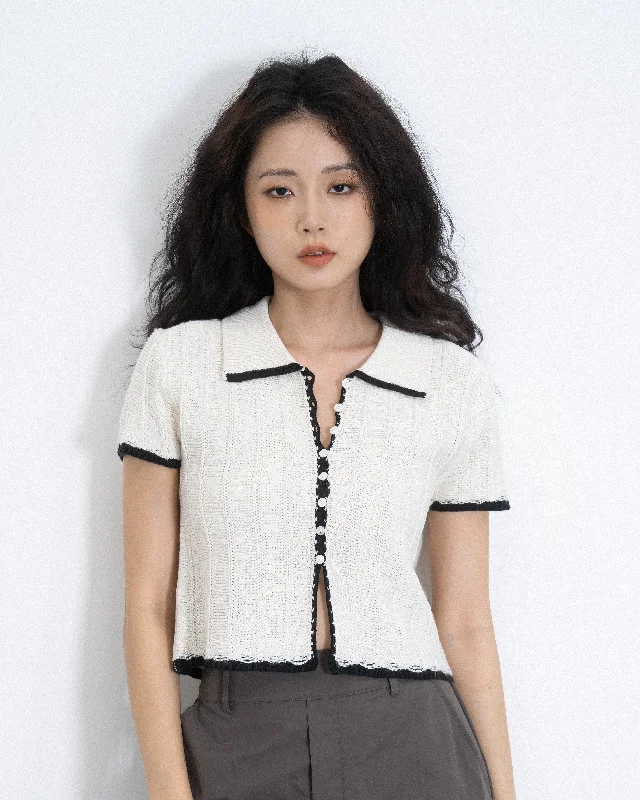 Year-End Clearance Contrast Trim Button Down Knit Top (White)