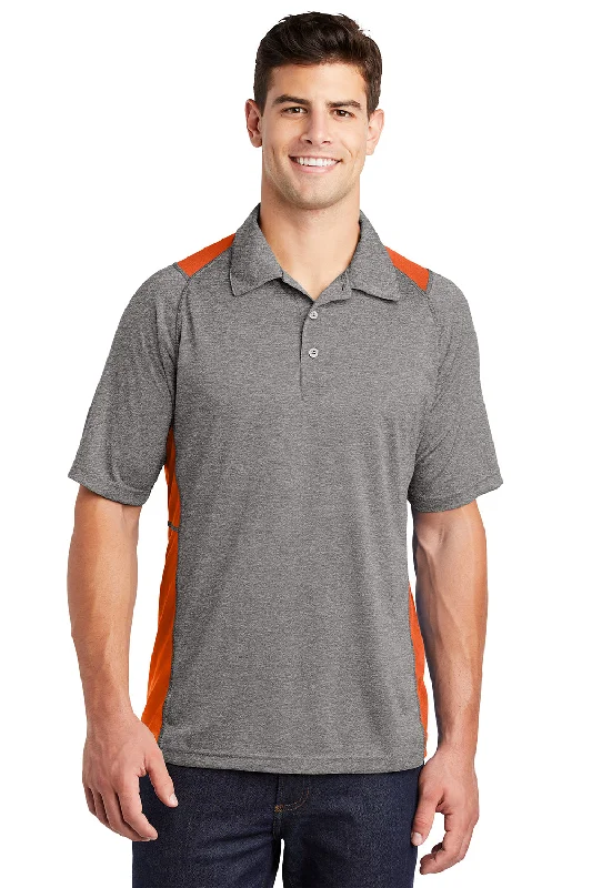 Online Only Sport-Tek Mens Heather Contender Moisture Wicking Short Sleeve Polo Shirt - Heather Vintage Grey/Deep Orange