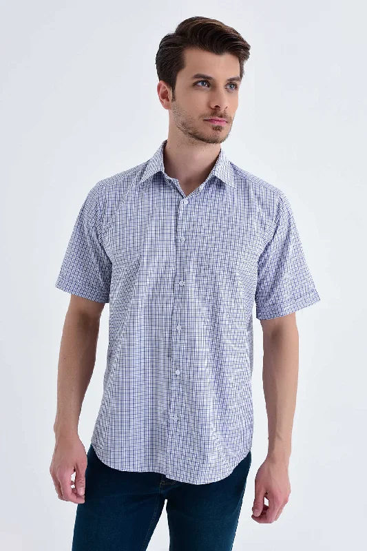 Quick Sale Classic Fit Short Sleeve Plaid Cotton Blend Navy Dress Shirt