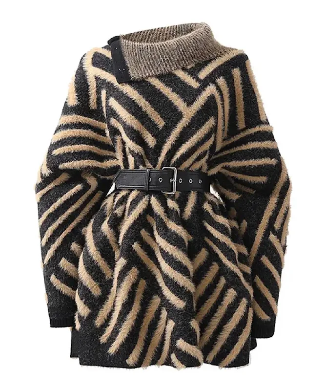 Crazy Deal Geometric Pattern Turtleneck Belted Sweater