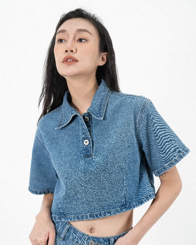 Weekend Discounts Worth Grabbing Short Sleeve Button Denim Top (Denim)
