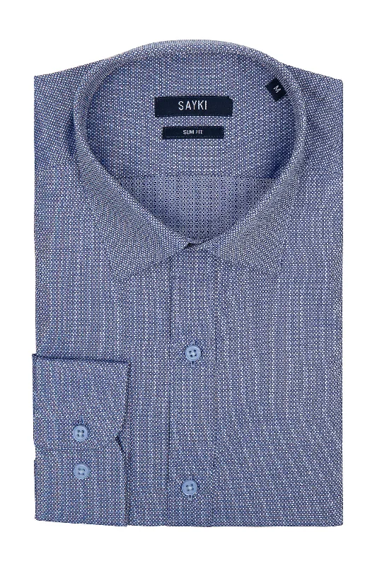 Weekend Bargains to Snag Slim Fit Pin Check Long Sleeve Cotton Navy Dress Shirt