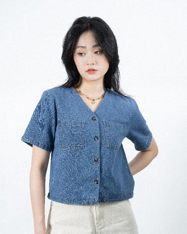 Weekend Offers That Tempt V Neck Pocket Denim Top (Denim)