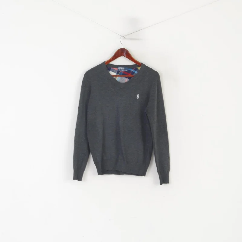 Bonus Savings Polo by Ralph Lauren Men S Jumper Gray Wool V Neck Patches Vintage Sweater