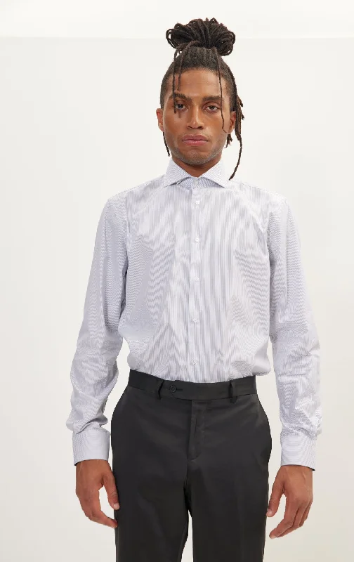 Shop and Save Pure Cotton French Placket Spread Collar Dress Shirt - White Navy Striped Shop and Save Pure Cotton French Placket Spread Collar Dress Shirt - White Navy Striped
