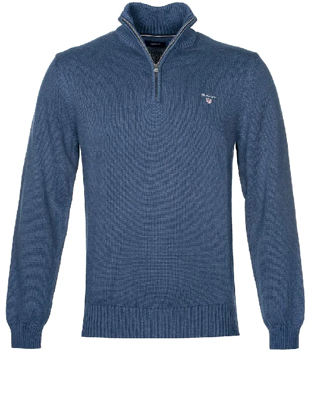 Price Drop Lässiger Pullover aus Baumwolle mit halbem Reißverschluss Marine Melange
