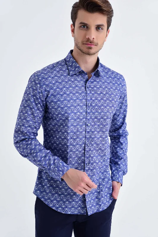 Special Offer Slim Fit Long Sleeve Patterned Cotton Navy Dress Shirt