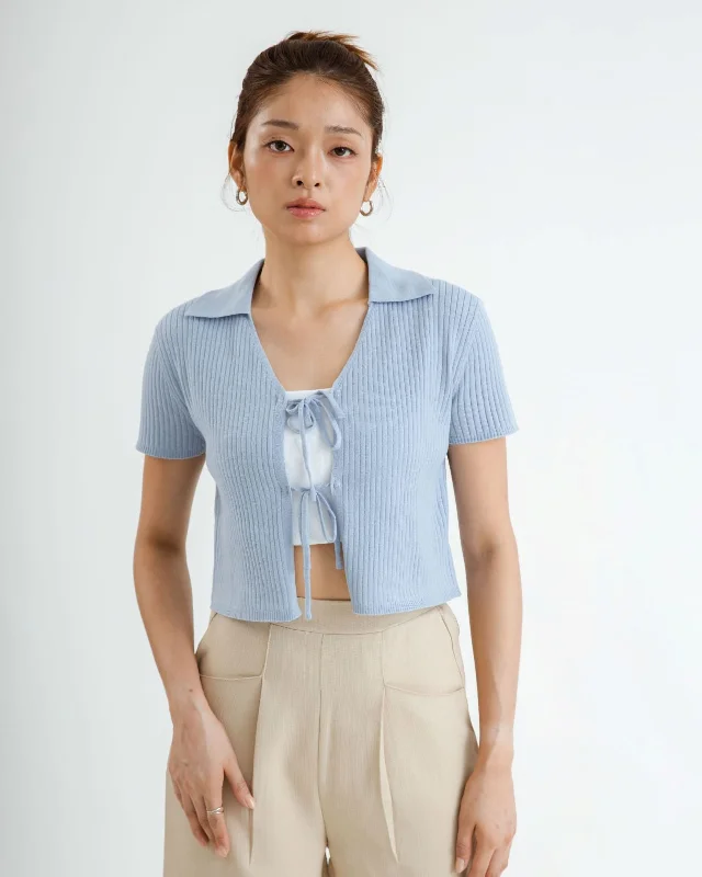 Weekend Specials to Love Eco Tie-Front Collared Knit Top (Blue)