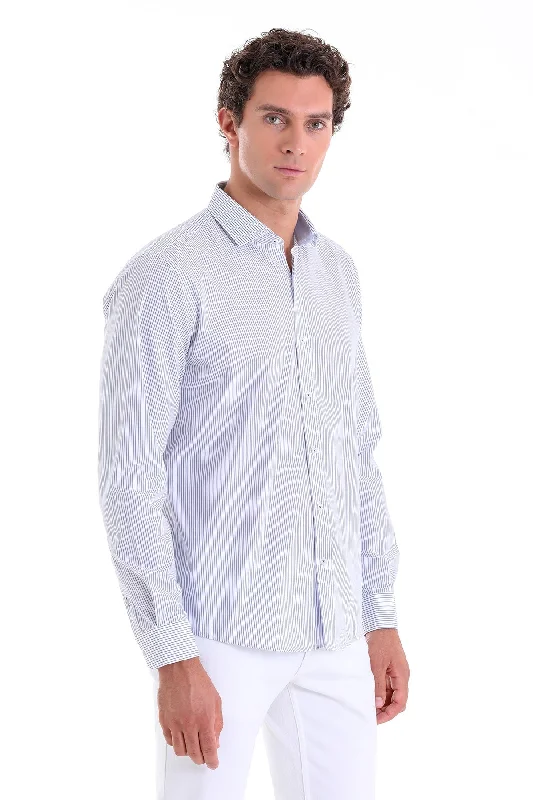 Take Action Comfort Fit Striped Long Sleeve Cotton Navy Dress Shirt
