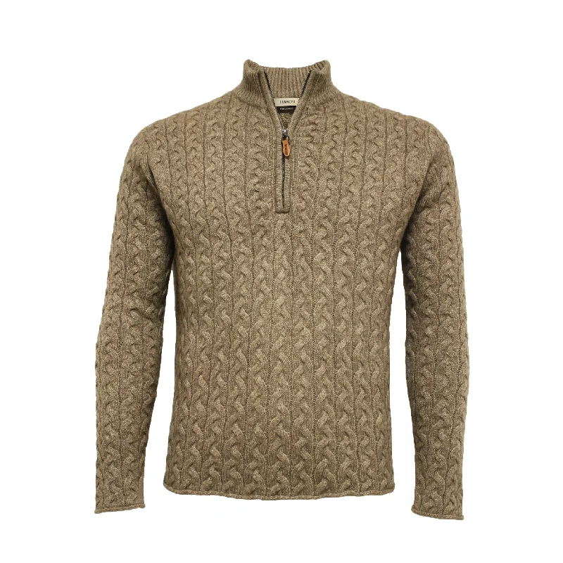 Limited Offer Camel Cashmere Half Zip Sweater in Full Cable knit Neil