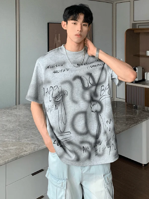 Weekend Offers That Please [CUIBUJU] Letters Spray Paint Sleeve T-Shirt na1198