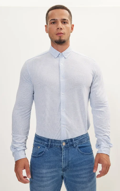 Instant Savings Pure Cotton Knit Travel Shirt- Light Blue & White Honeycomb Jacquard Instant Savings Pure Cotton Knit Travel Shirt- Light Blue & White Honeycomb Jacquard