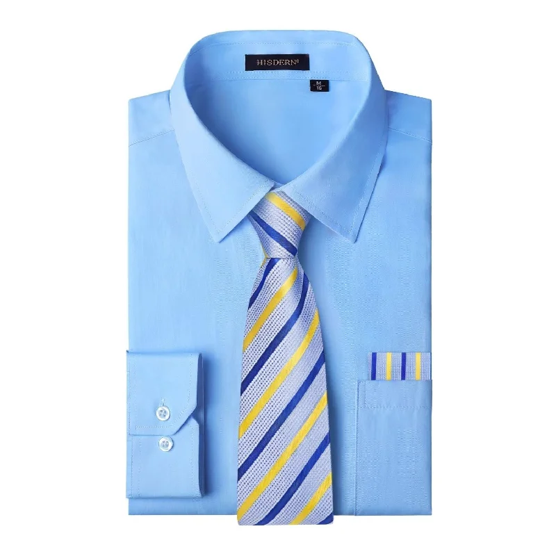 Mega Sale Men's Shirt with Tie Handkerchief Set - LIGHT BLUE/BLUE