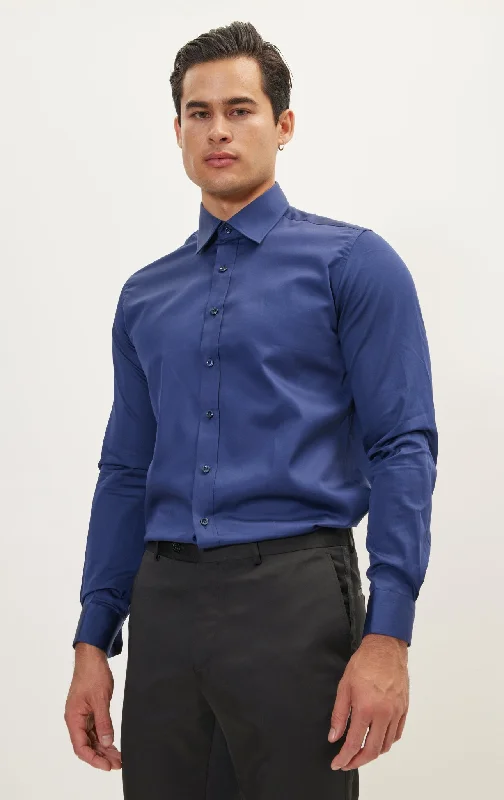 Early Bird Discount Pure Cotton Classic Collar Sateen Dress Shirt - Navy