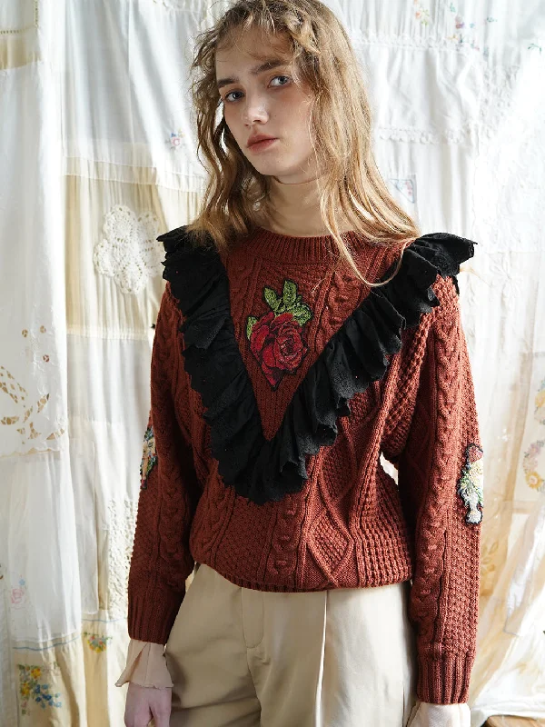 The Best Deal Unlogical Poem Rose Lace Cable-Knitted Sweater