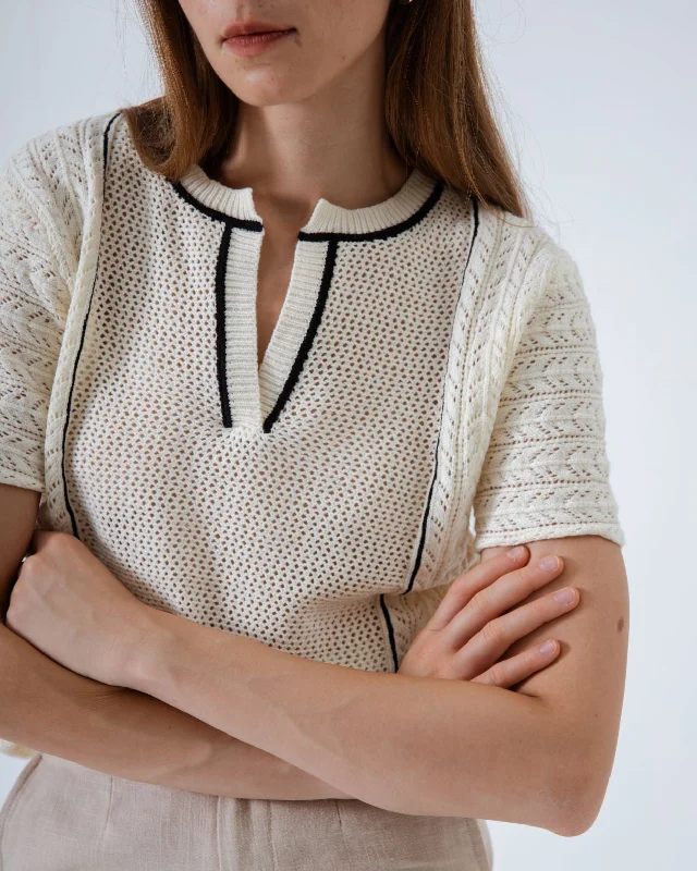 Celebrate the Weekend with Discounts Eco V-neck Crochet Knit Top (Ivory)
