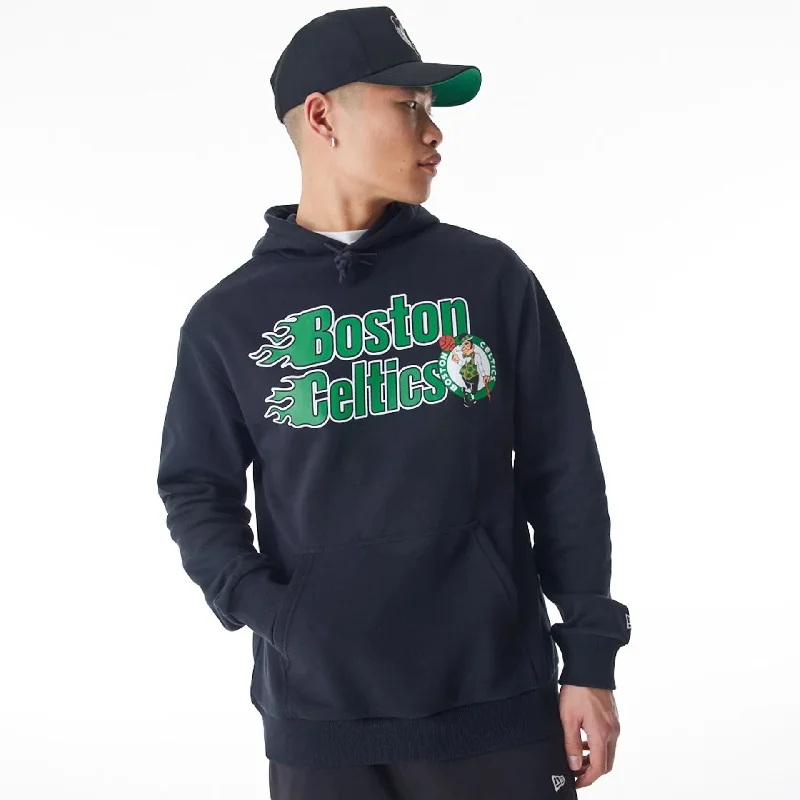 Stock Clearance Boston Celtics NBA Flame Print Black Oversized Pullover Hoodie