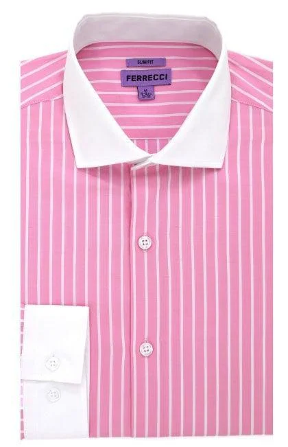 Cash Savings The Pitt Slim Fit Cotton Dress Shirt- Pink with White Collar and White Pin Stripes