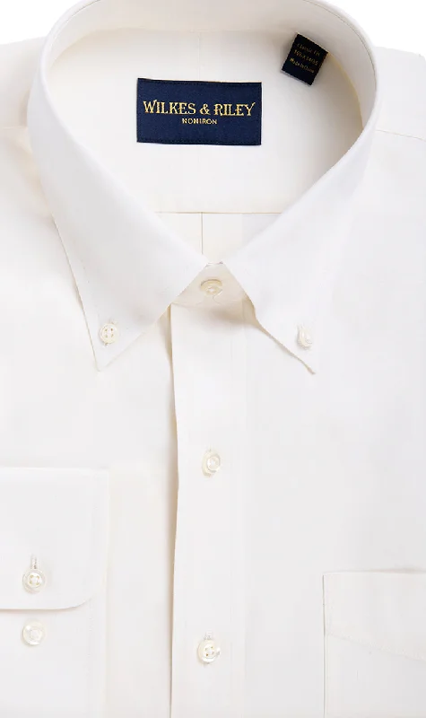 Super Bargain Tailored Fit Ecru Button Down Non-Iron Pinpoint Oxford Dress Shirt
