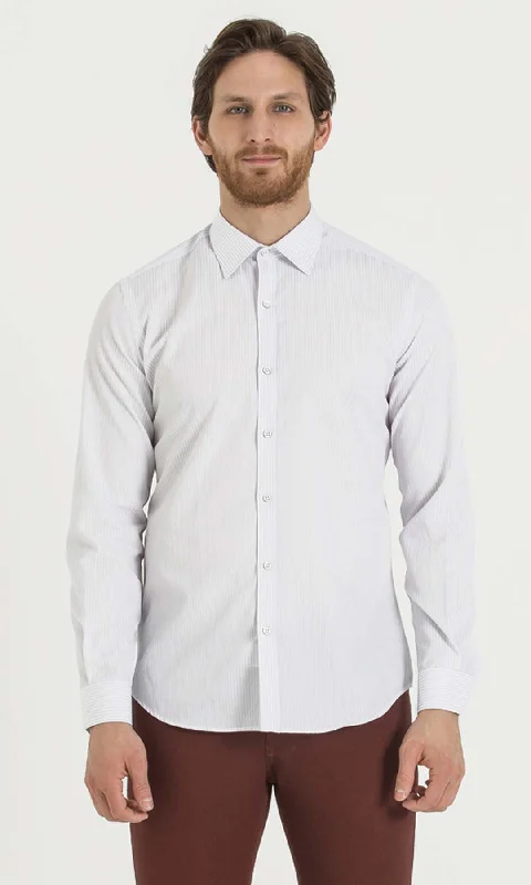 Final Clearance Slim Fit Long Sleeve Striped Cotton Purple Dress Shirt