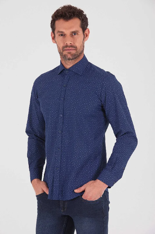 Instant Discount Slim Fit Long Sleeve Printed Cotton Blend Navy Dress Shirt