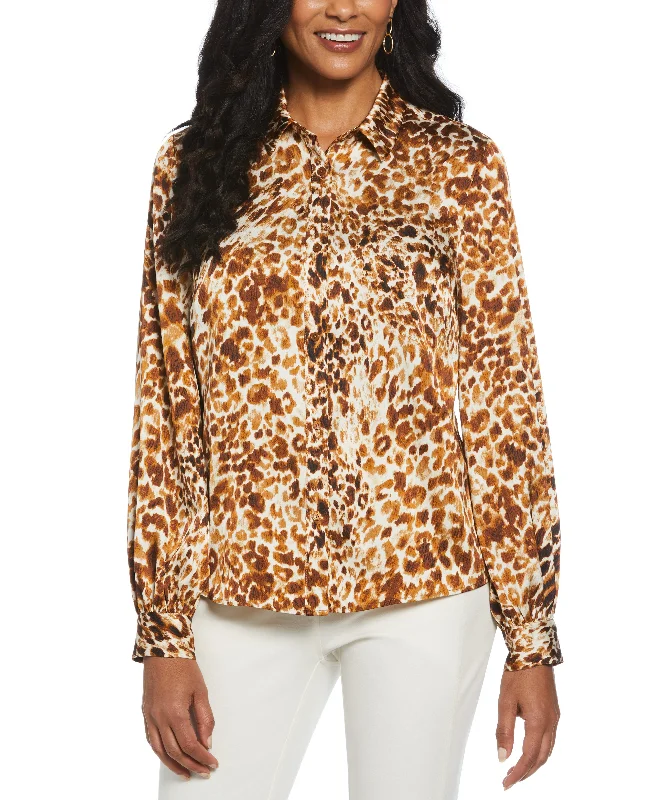 Time-Limited Offer Animal Print Shine Puff Sleeve Blouse