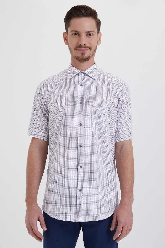 Deep Discounts Regular Fit Plaid Cotton Purple Dress Shirt