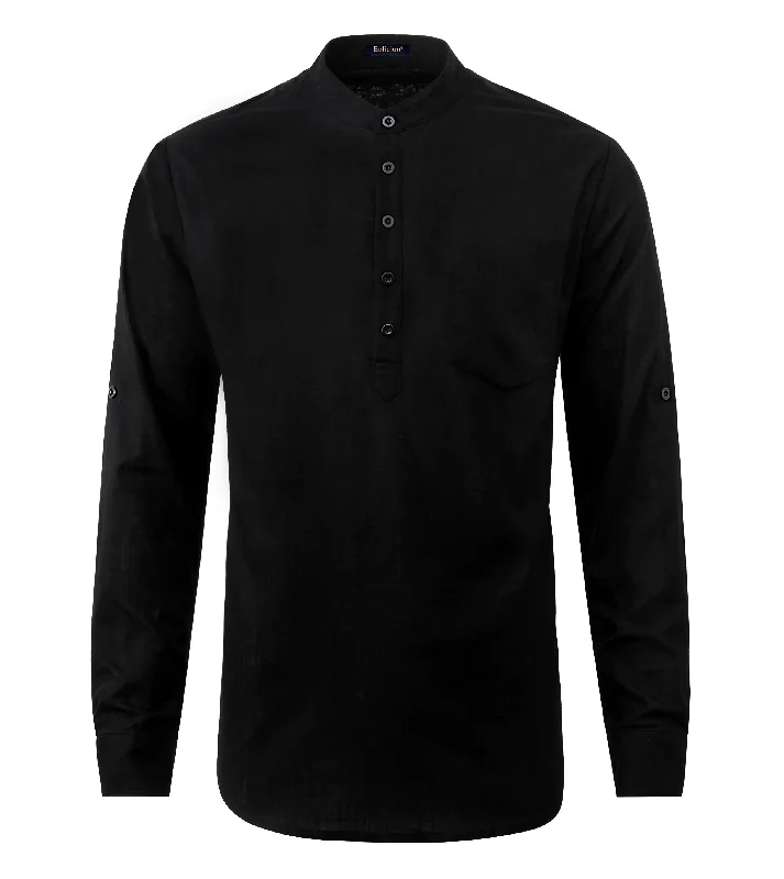 Deal Zone Men‘s Henley Shirt Cotton Linen with Pocket - BLACK