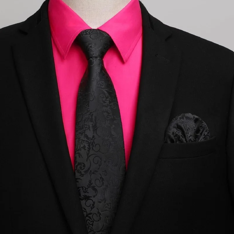 Markdown Sale Men's Shirt with Tie Handkerchief Set - HOT PINK
