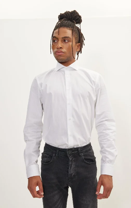 Best Bargains Pure Cotton French Placket Spread Collar Dress Shirt - White Bengal