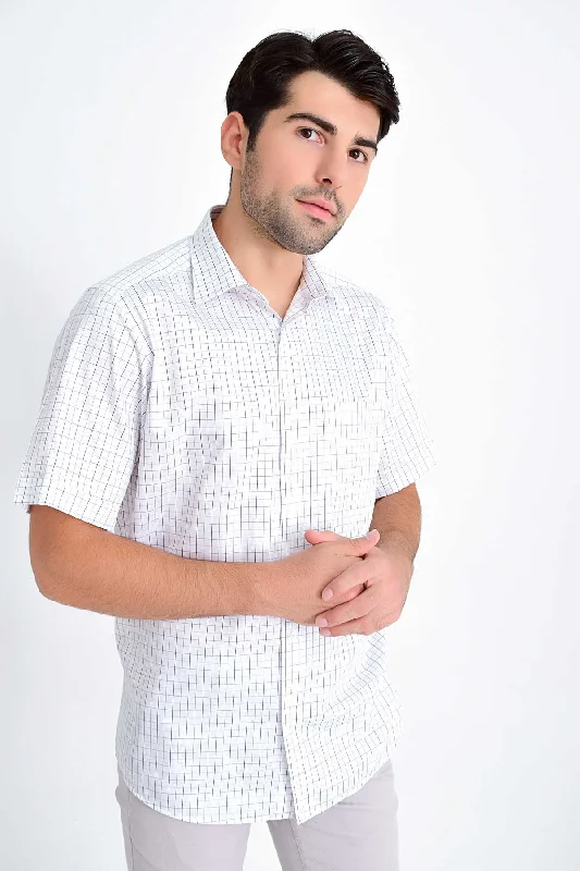 Midnight Madness Classic Fit Short Sleeve Plaid Cotton Black Dress Shirt