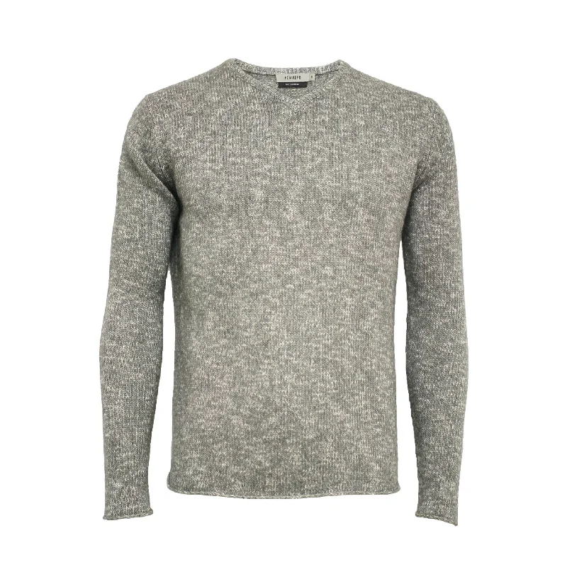Deep Savings Melange Cashmere V Neck Sweater in Jersey Stitch Grey White