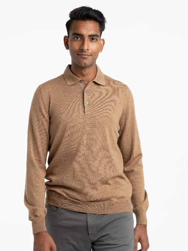 Midnight Sale Camel Brown Extra Fine Merino Wool Polo Shirt