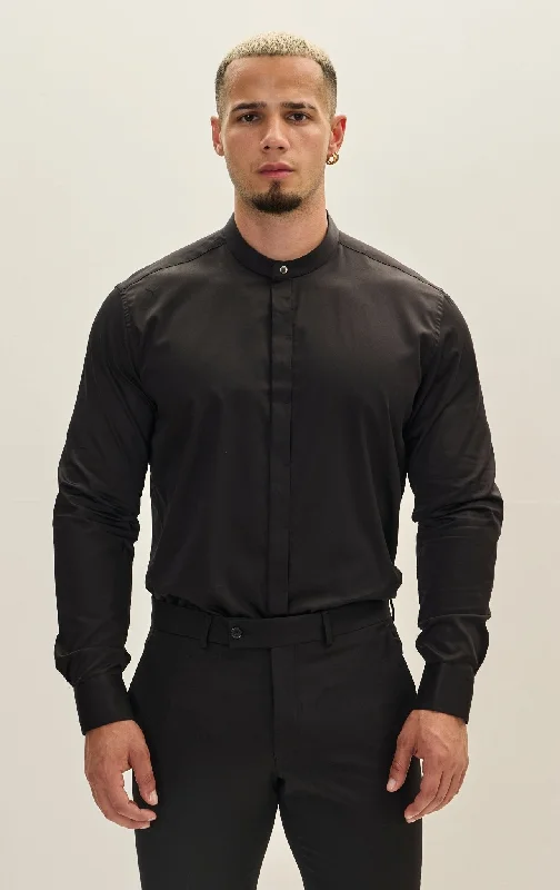 Weekend Savings Fiesta Pure Cotton Band Collar Dress Shirt - Black