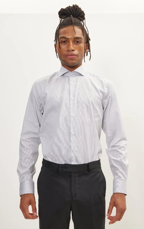 Deal of the Day Pure Cotton French Placket Spread Collar Dress Shirt - White Anthracite Striped Deal of the Day Pure Cotton French Placket Spread Collar Dress Shirt - White Anthracite Striped