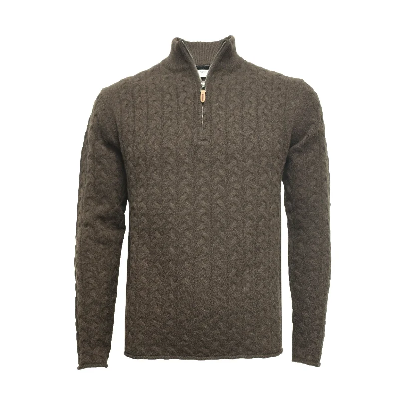 Massive Savings Brown Cashmere Half Zip Sweater in Full Cable knit Neil
