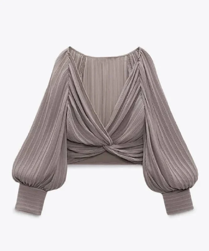 Hot Buy Gray Pleated Knotted Long Sleeve Top