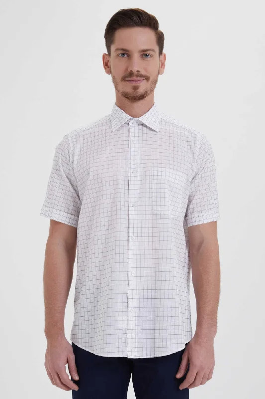Today's Deal Classic Fit Short Sleeve Plaid Cotton White Dress Shirt