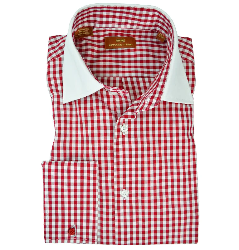 Discount Mania Red and White Gingham Dress Shirt with Contrast Collar