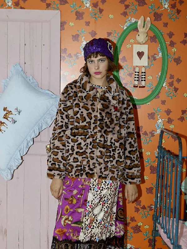 Weekend Deals That Dazzle Unlogical Poem Pink Leopard Print Fake Fur Embroidered Jacket