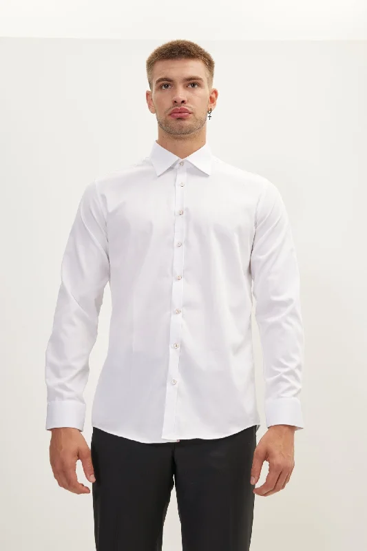 Limited Time Pure Cotton Contrast Button Dress Shirt - White Red Accents