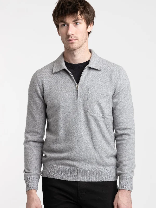 Closeout Deal Light Grey Cashmere Quarter-Zip Polo Knit